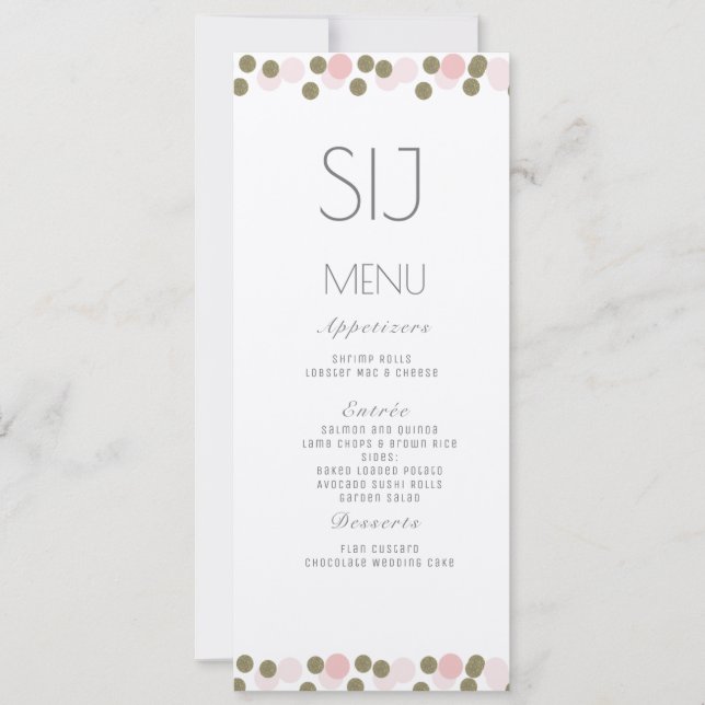 Pink Dots Confetti Gold Wedding Kraft Menu (Front)