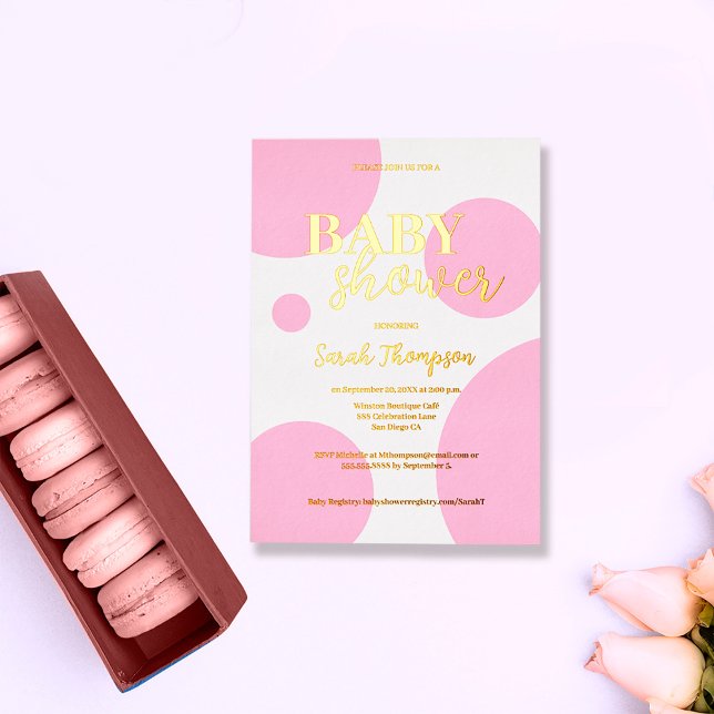 Pink Dots Custom Baby Shower Gold Foil Modern Foil Holiday Card (Creator Uploaded)