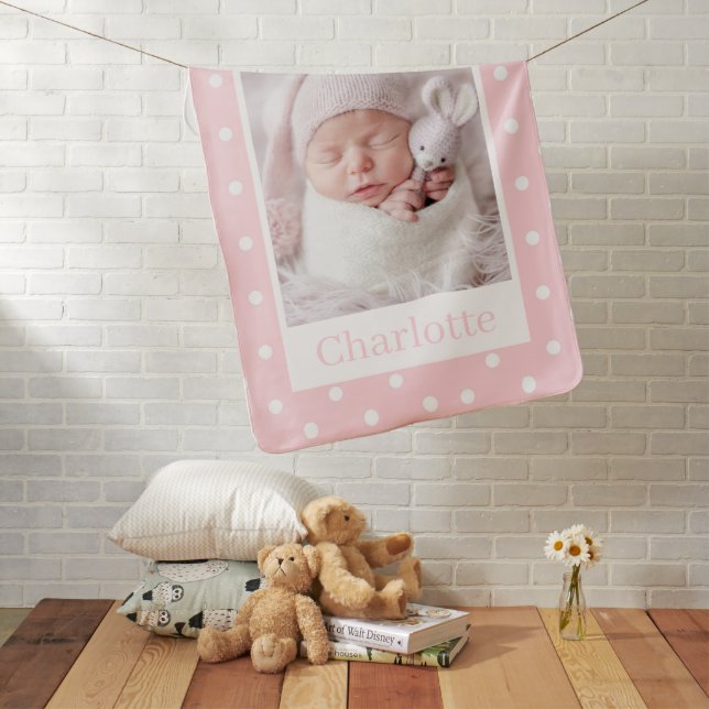 Pink Dots Custom Photo Newborn Girl Baby Blanket (In Situ)