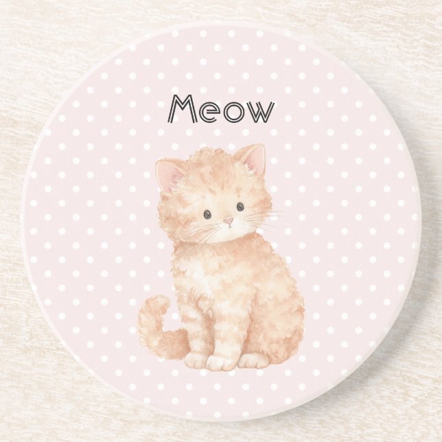 Pink Dots Peach Orange Cute Kitty Cat  Coaster (Front)