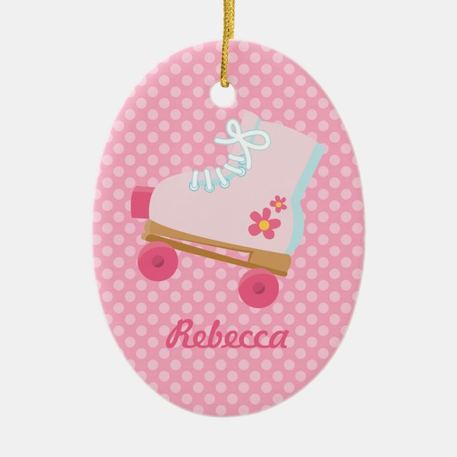 Pink Dots Rollerskate Birthday Oval Ornament (Front)