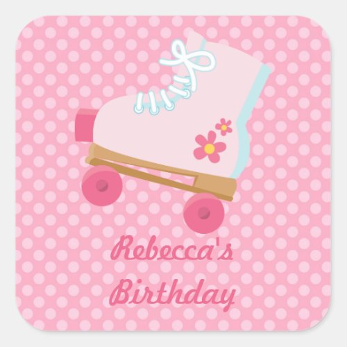 Pink Dots Rollerskate Birthday Square Stickers