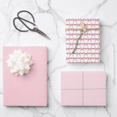 Pink Dots Stripes and Bows Baby Girl Shower Wrapping Paper Sheets