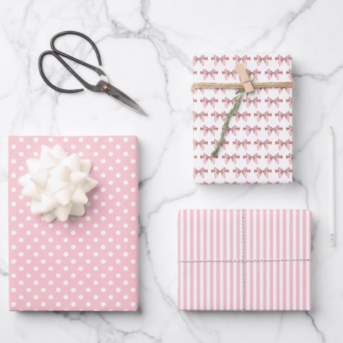 Pink Dots Stripes and Bows Baby Shower Wrapping Paper Sheets