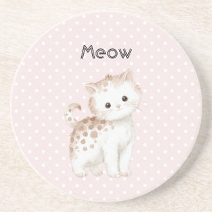 Pink Dots White Tan Cute Kitty Cat Coaster