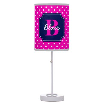Pink Dots With Navy Frame Name And Initial Table Lamp by Jmariegarza at Zazzle