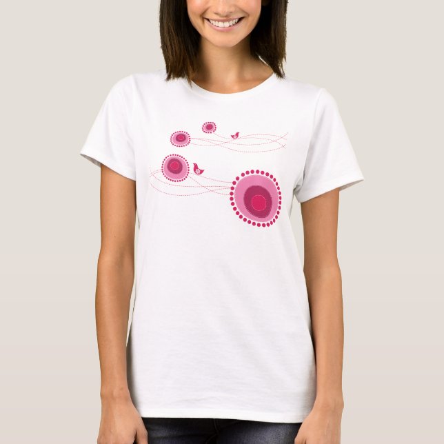 Pink Dotted Flowers and Birds T-shirt (Front)
