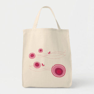 Pink Dotted Flowers and Happy Birds Cute Tote Bag