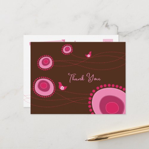 Pink Dotted Flowers and Happy Birds Thank You Postcard