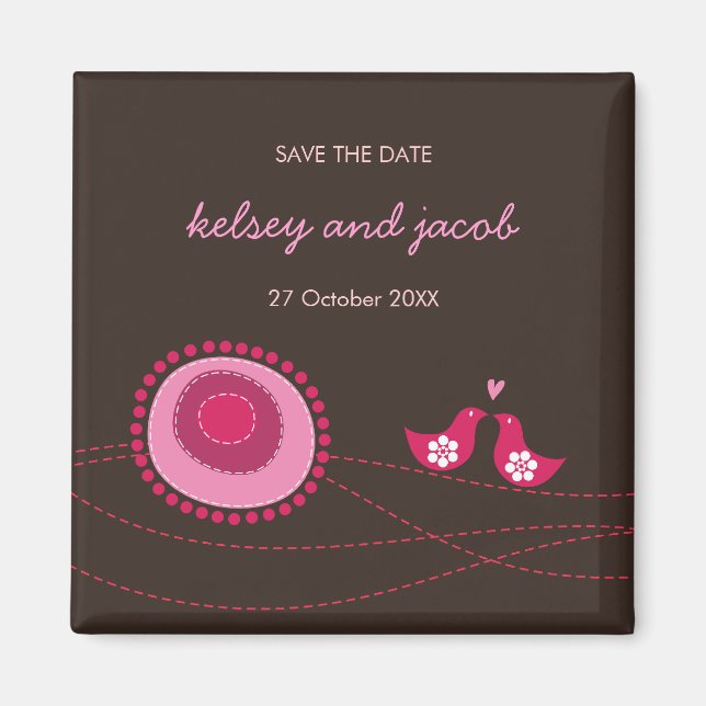 Pink Dotted Flowers And Love Birds Save The Date Magnet (Front)