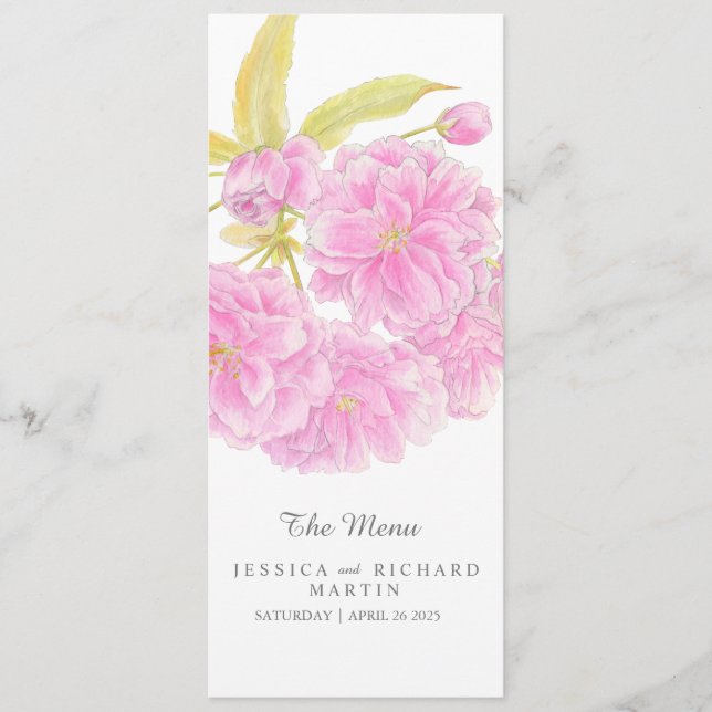Pink double blossom flowers wedding menu (Front)