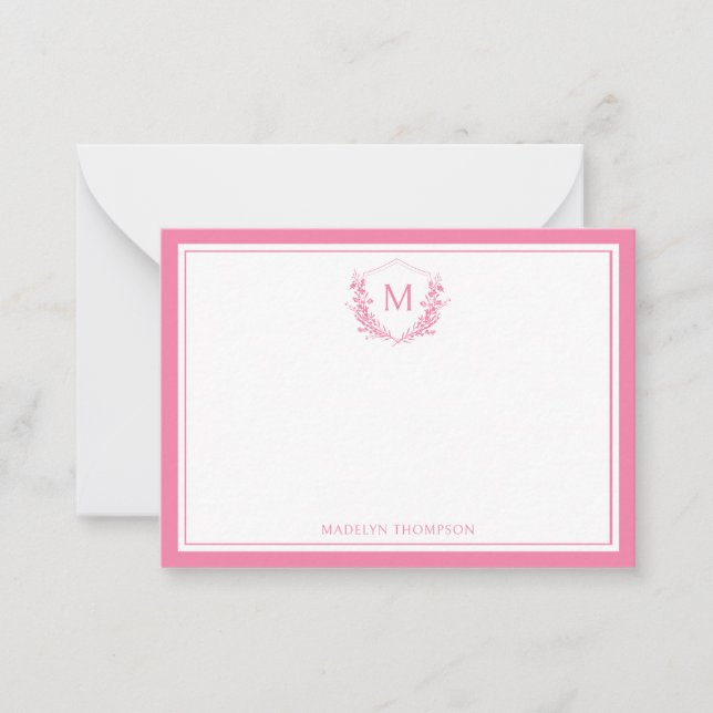 Pink Double Border Floral Crest Classic Monogram Note Card (Front)