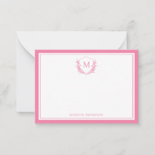 Pink Double Border Floral Crest Classic Monogram Note Card
