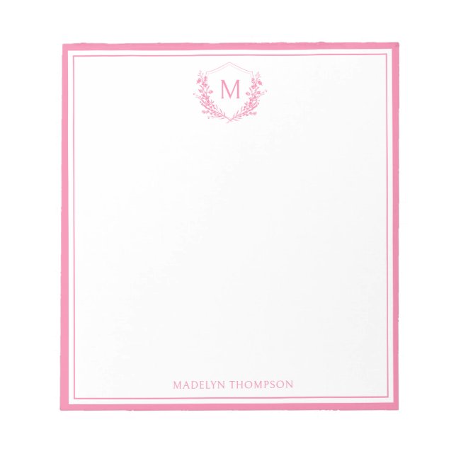 Pink Double Border Floral Crest Classic Monogram Notepad (Front)