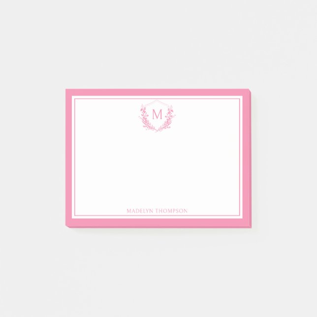Pink Double Border Floral Crest Classic Monogram Post-it Notes (Front)