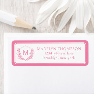 Pink Double Border Floral Crest Monogram Address Label