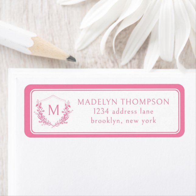 Pink Double Border Floral Crest Monogram Address Label (Insitu)