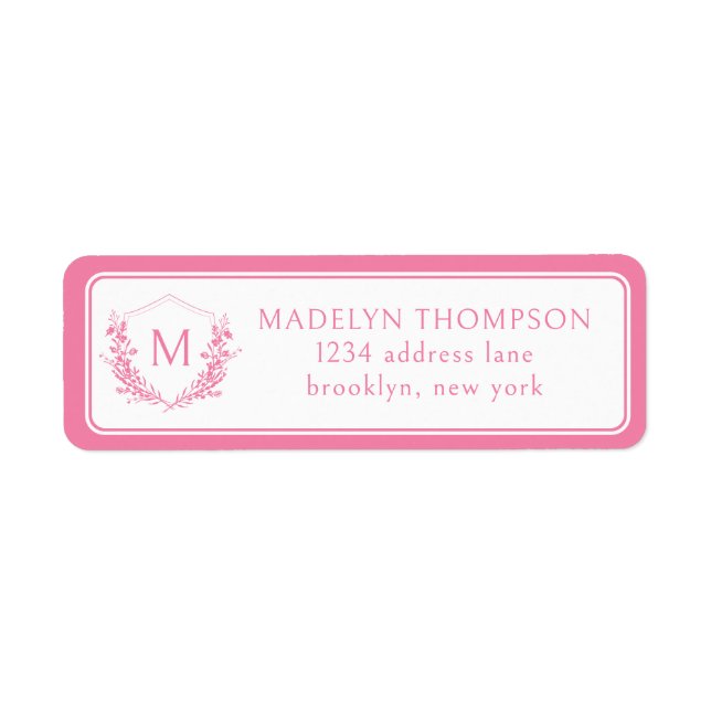Pink Double Border Floral Crest Monogram Address Label (Front)