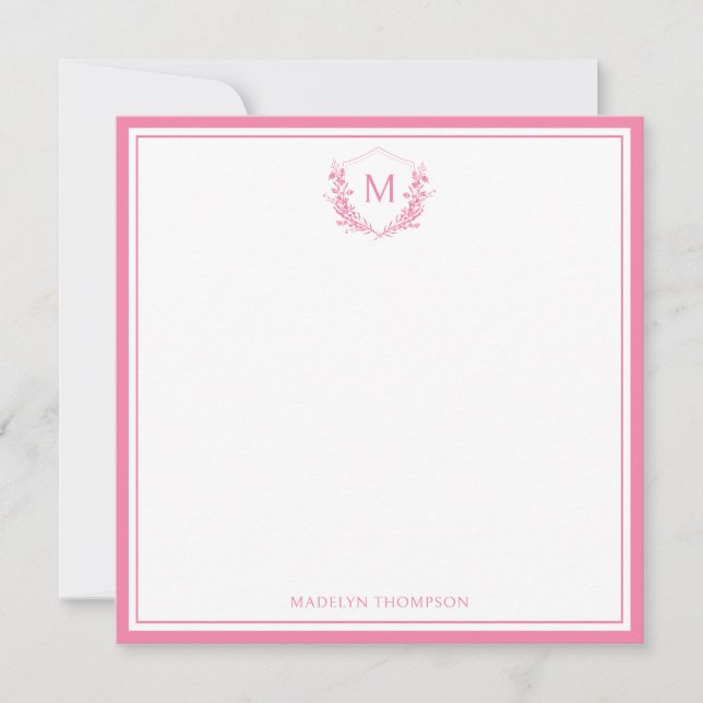 Pink Double Border Floral Crest Monogram Sqaure Note Card (Front)