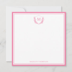 Pink Double Border Floral Crest Monogram Sqaure Note Card