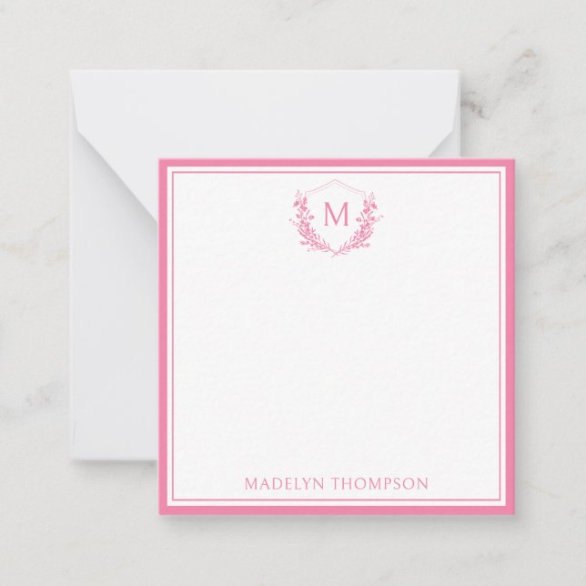 Pink Double Border Floral Crest Monogram Sqaure Note Card (Front)