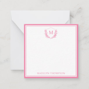 Pink Double Border Floral Crest Monogram Sqaure Note Card