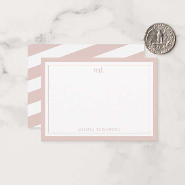 Pink Double Border Modern Monogram Striped Note Card (Front/Back In Situ)