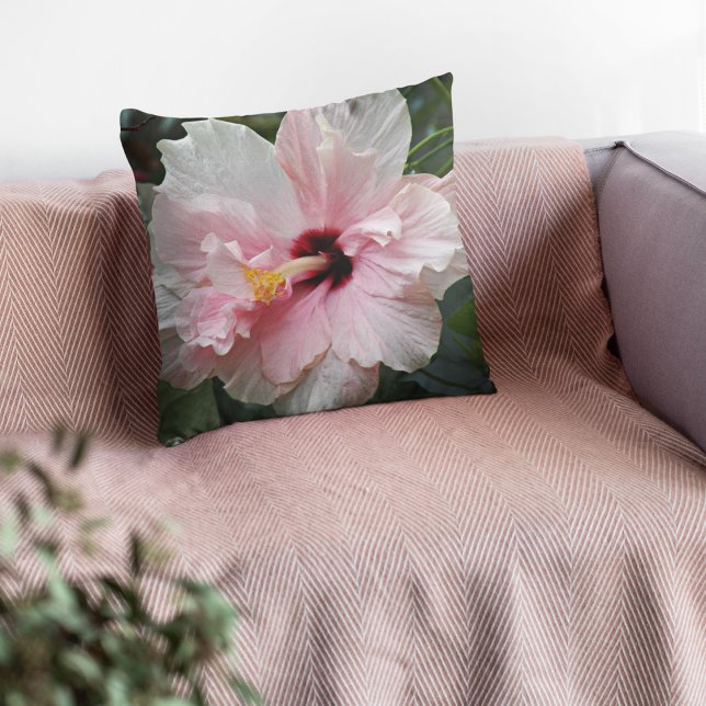 Pink Double Hibiscus Floral Throw Pillow (In Situ Sofa)
