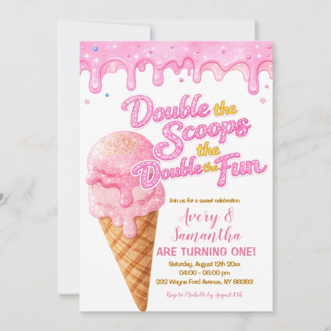 Pink Double the Scoops Birthday Glitter Sparkle Invitation (Front)