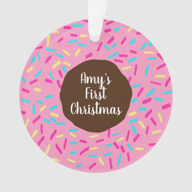 Pink Doughnut Baby's First Christmas Custom Photo  Ornament (Front)