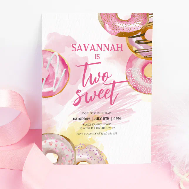 Pink Doughnut Two Sweet Donut 2nd Birthday Invitation | Zazzle
