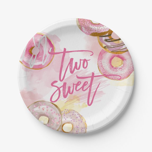 Pink Doughnut Two Sweet Donut 2nd Birthday Paper Plates (Front)