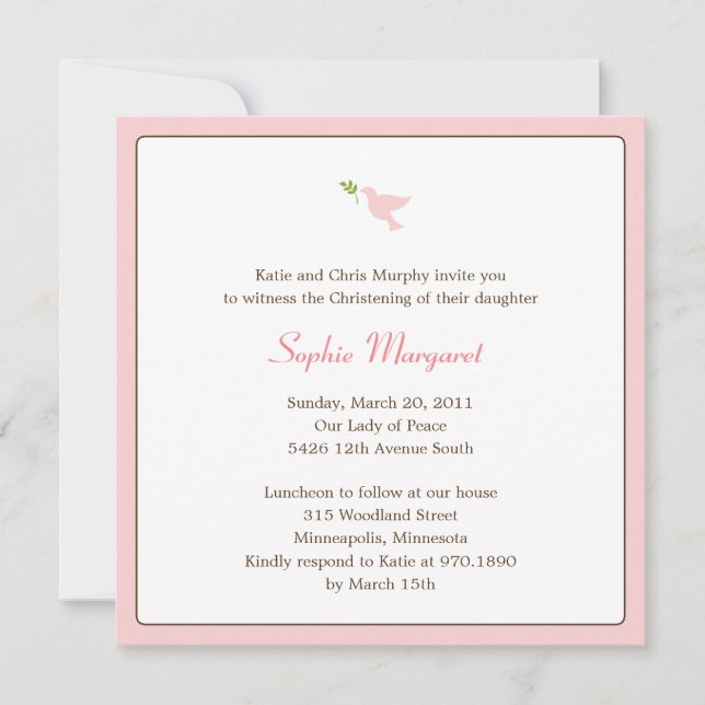 Pink Dove Baptism/Christening Invitation (Front)
