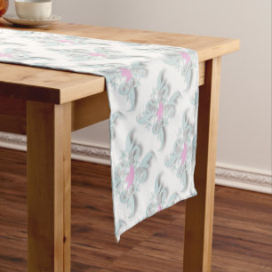 Pink Dove with Silver Flowers and Fronds Short Table Runner