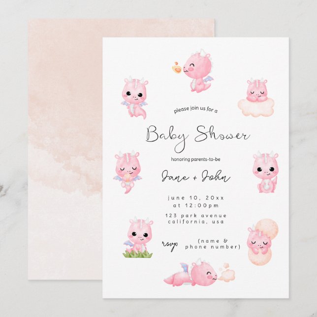 Pink Dragon Baby Shower Invitation (Front/Back)
