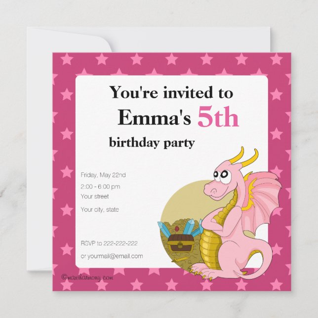 Pink dragon cartoon birthday print invitations (Front)