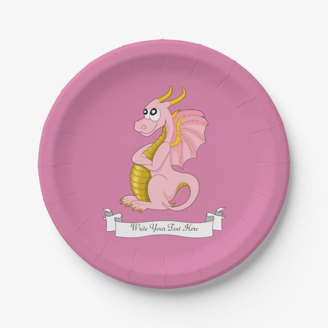 Pink dragon cartoon paper plates (Front)