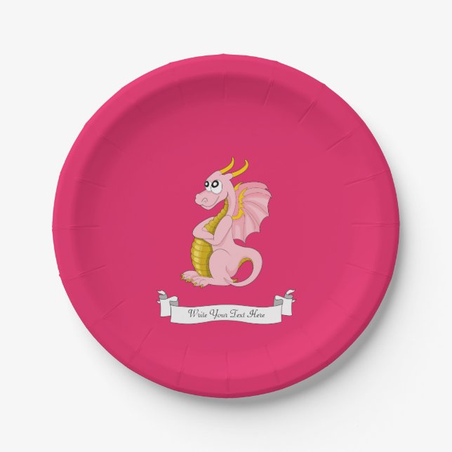 Pink dragon cartoon paper plates (Front)