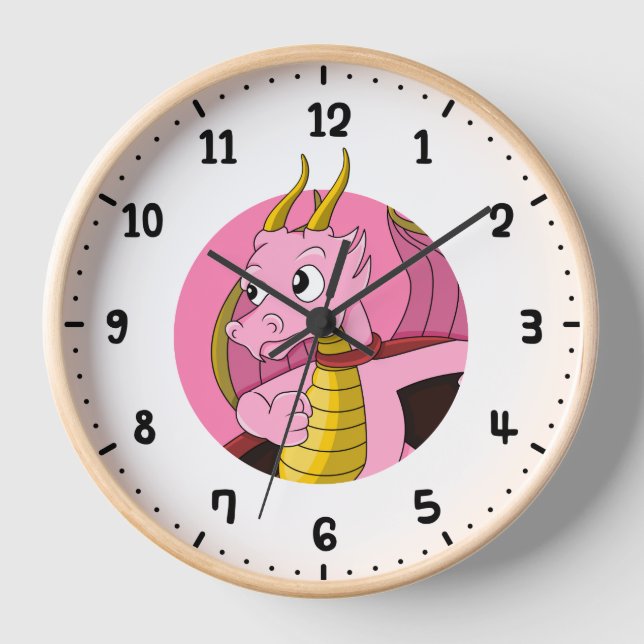 Pink dragon cartoon round clock (Front)