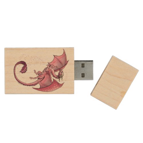 Pink Dragon of Spring Fantasy Art Wood USB Flash Drive