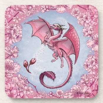 Pink Dragon Of Spring Nature Fantasy Art Beverage Coaster by critterwings at Zazzle