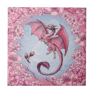 Pink Dragon of Spring Nature Fantasy Art Ceramic Tile