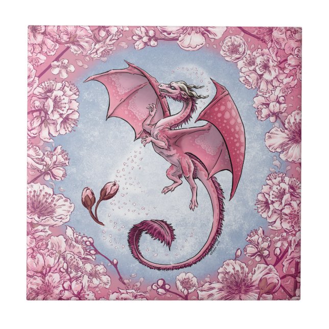 Pink Dragon of Spring Nature Fantasy Art Ceramic Tile (Front)