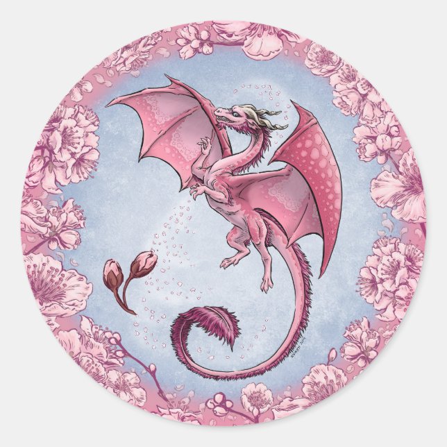 Pink Dragon of Spring Nature Fantasy Art Classic Round Sticker (Front)