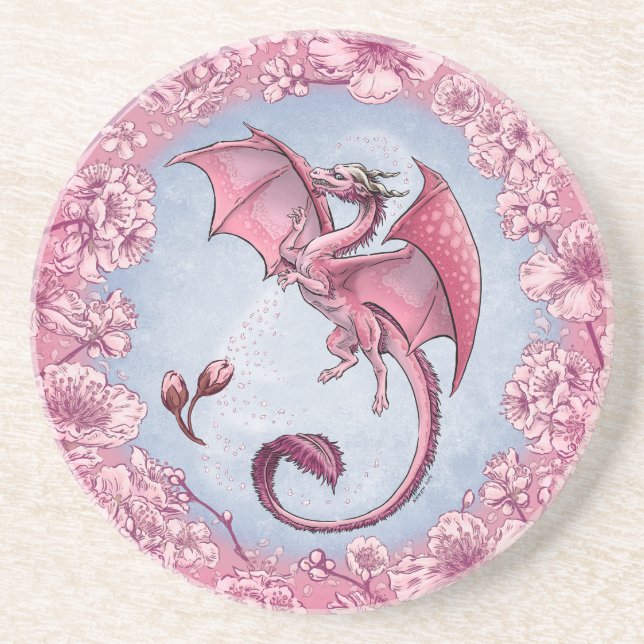 Pink Dragon of Spring Nature Fantasy Art Drink Coaster (Front)
