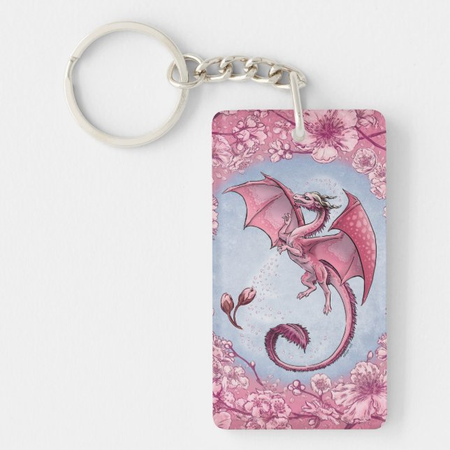 Pink Dragon of Spring Nature Fantasy Art Keychain (Front)