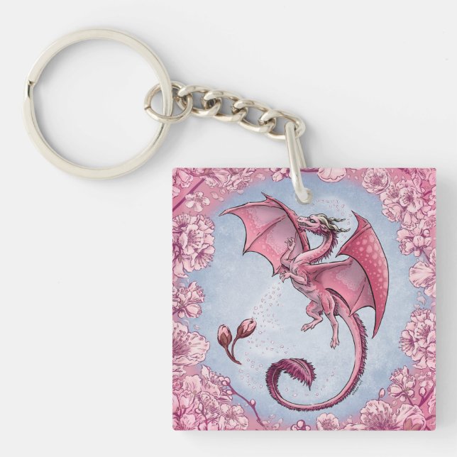 Pink Dragon of Spring Nature Fantasy Art Keychain (Front)