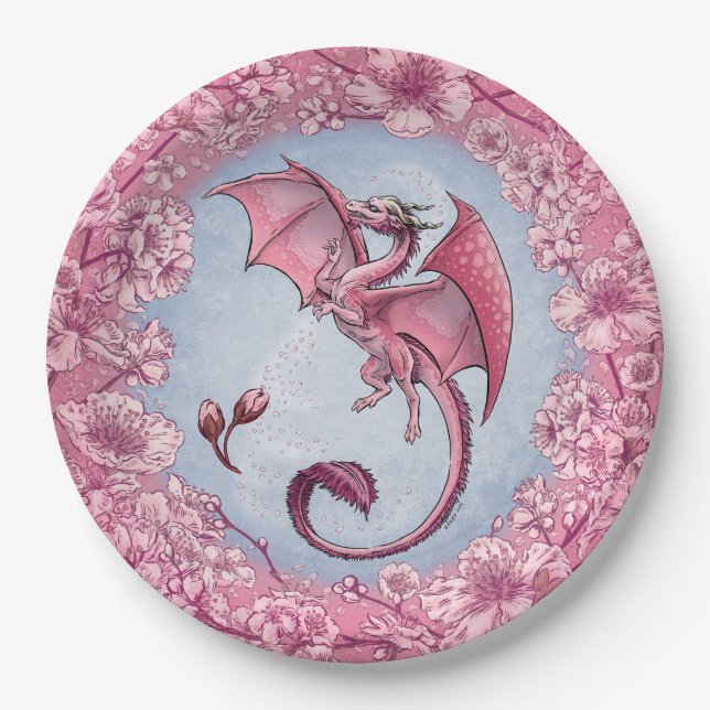 Pink Dragon of Spring Nature Fantasy Art Paper Plates (Front)