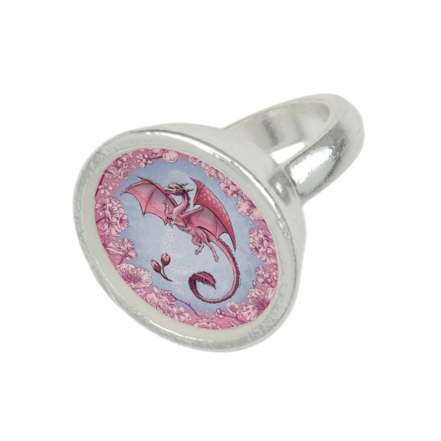 Pink Dragon of Spring Nature Fantasy Art Ring (Top)