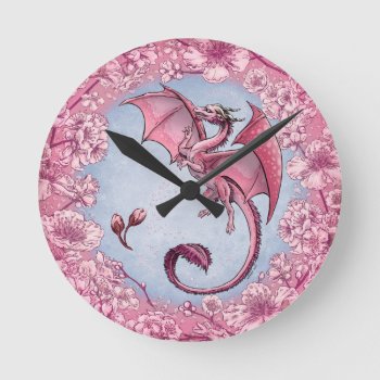 Pink Dragon Of Spring Nature Fantasy Art Round Clock by critterwings at Zazzle
